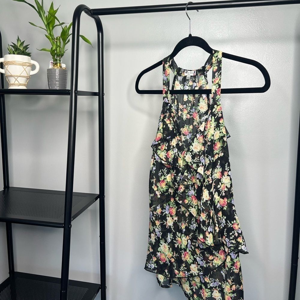 KUT from the Kloth Ruffle Detail Sheer Black Tank Top Floral Blouse Spring